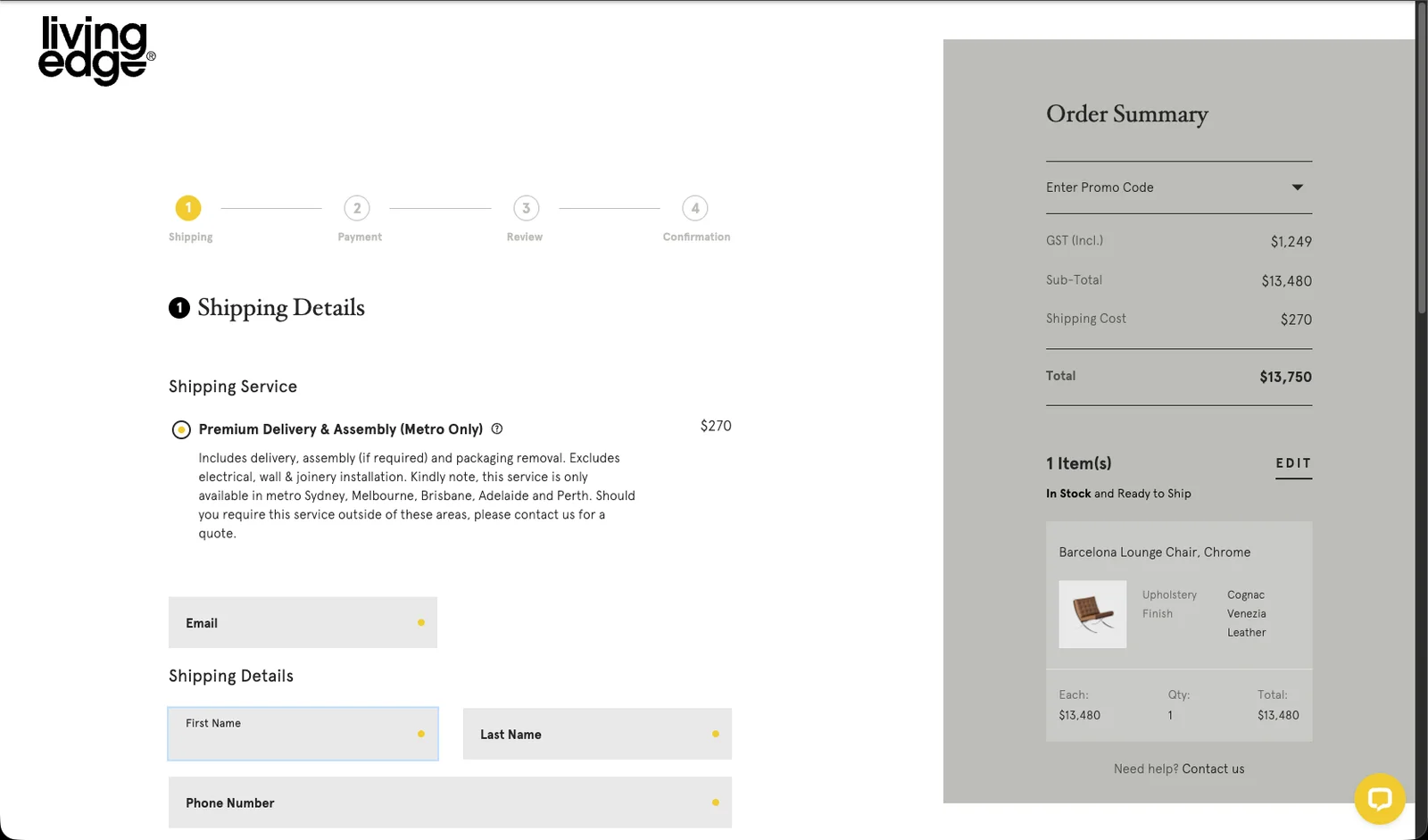Living Edge checkout shipping step